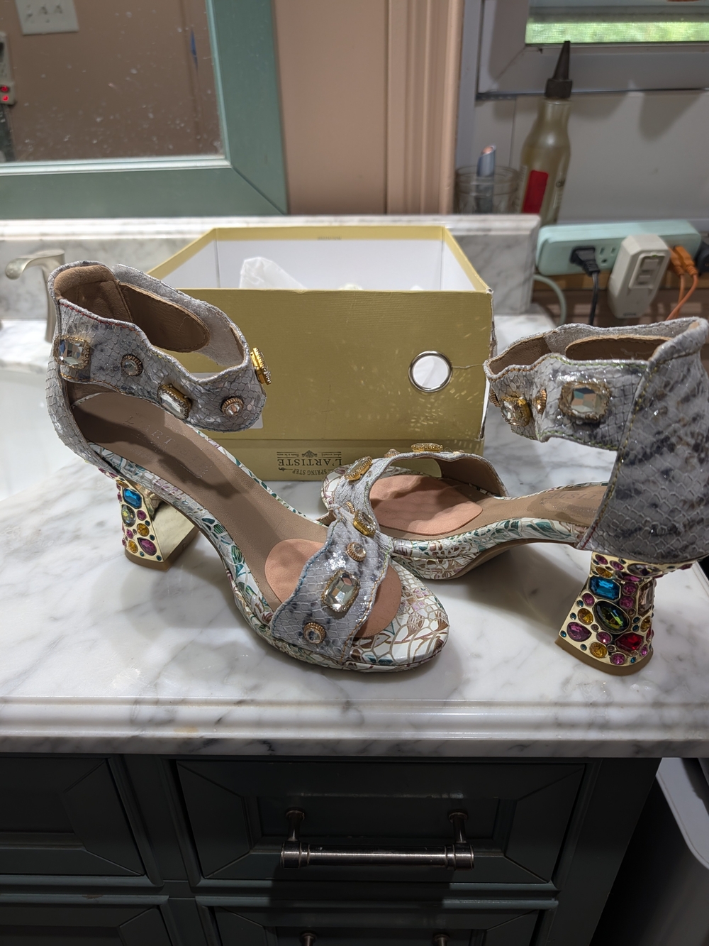 Embellished Ankle-Strap Heels in Metallic Gray